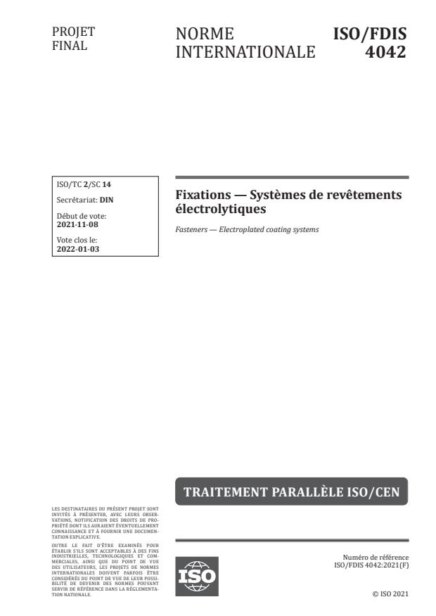 ISO/FDIS 4042 - Fixations -- Systèmes de revêtements électrolytiques