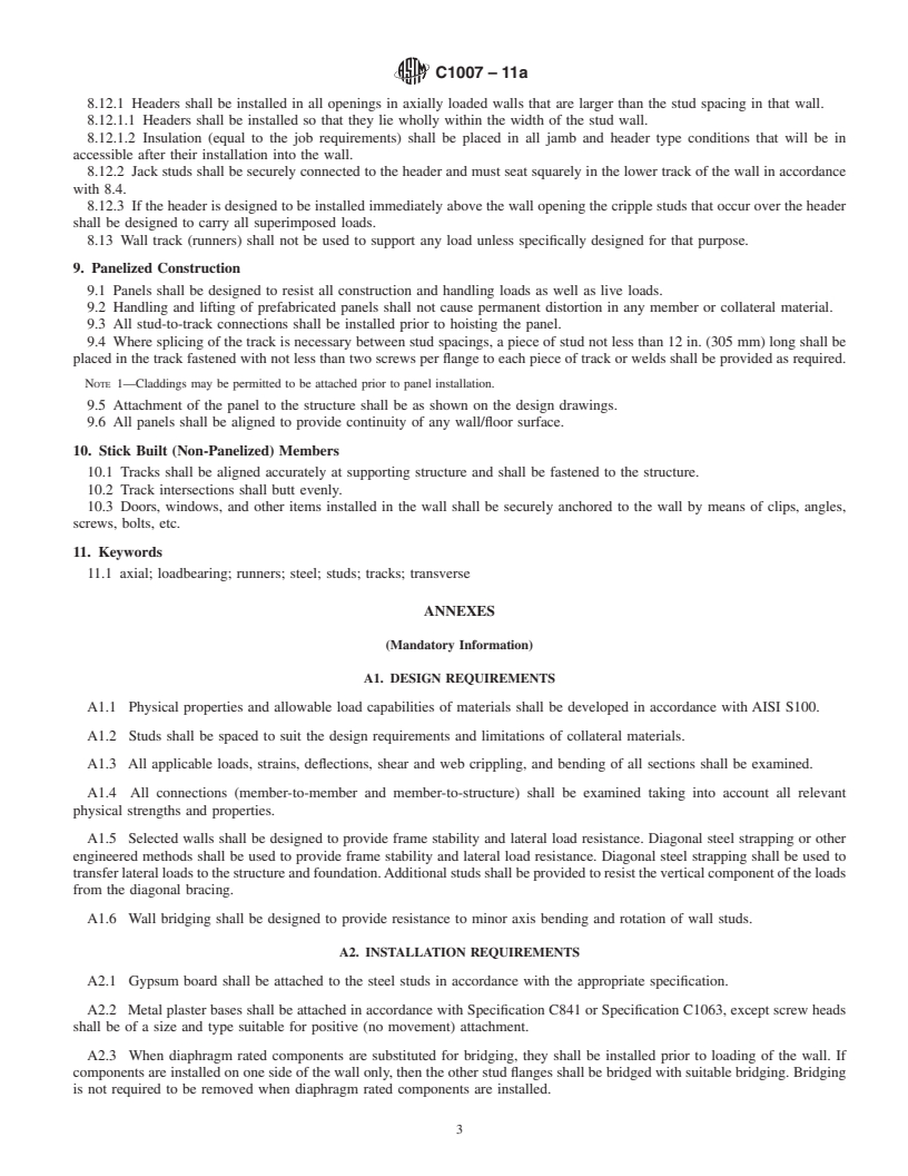 REDLINE ASTM C1007-11a - Standard Specification for  Installation of Load Bearing (Transverse and Axial) Steel Studs and Related Accessories