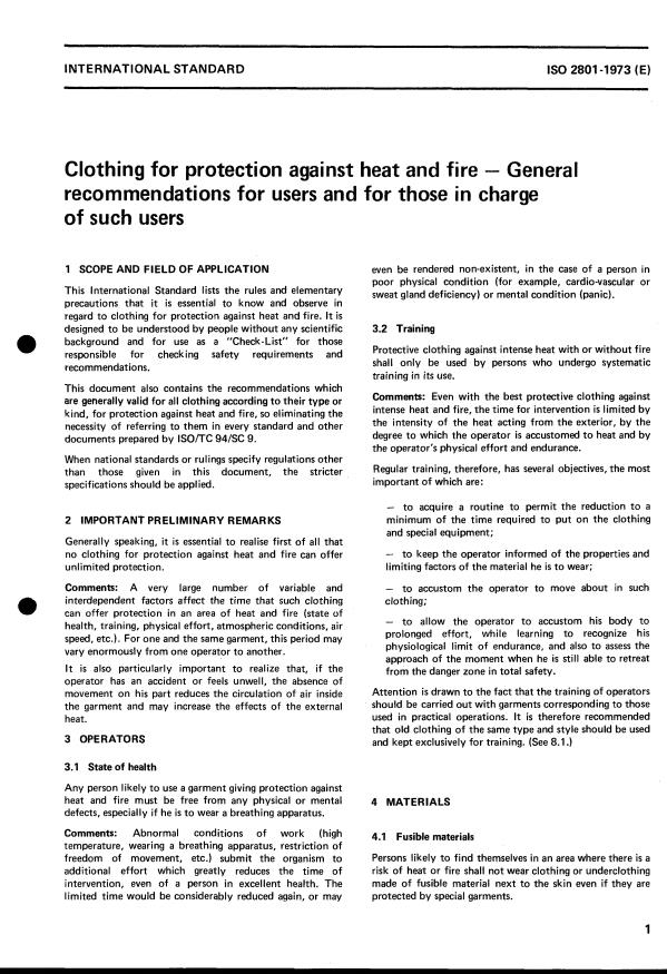 ISO 2801:1973 - Clothing for protection against heat and fire -- General recommendations for users and for those in charge of such users