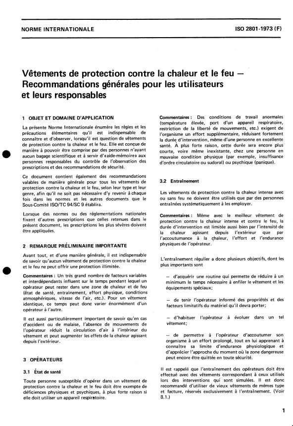ISO 2801:1973 - Vetements de protection contre la chaleur et le feu -- Recommandations générale pour les utilisateurs et leurs responsables