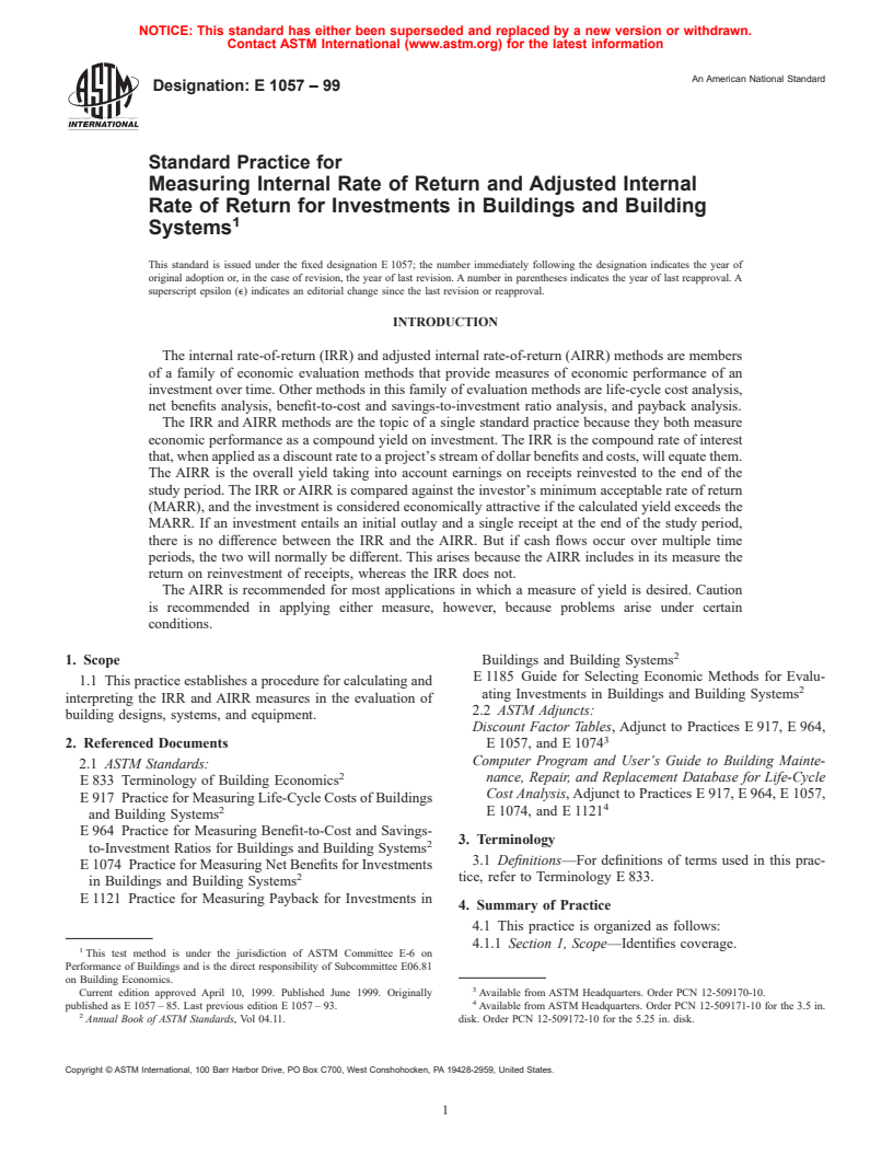 ASTM E1057-99 - Standard Practice for Measuring Internal Rate of Return and Adjusted Internal Rate of Return for Investments in Buildings and Building Systems