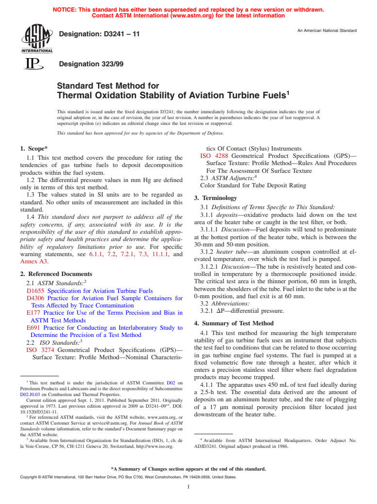 ASTM D3241-11 - Standard Test Method for Thermal Oxidation Stability of Aviation Turbine Fuels