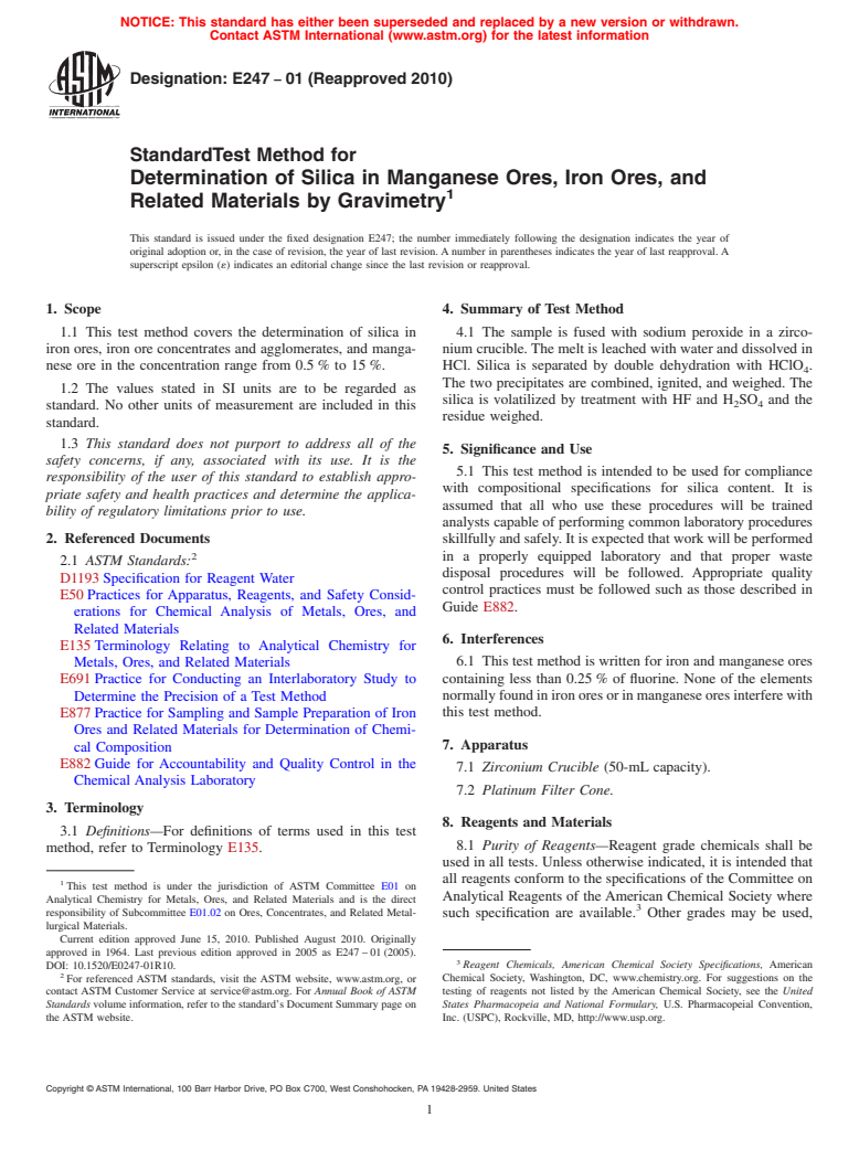 ASTM E247-01(2010) - Standard Test Method for  Determination of Silica in Manganese Ores, Iron Ores, and Related  Materials by Gravimetry