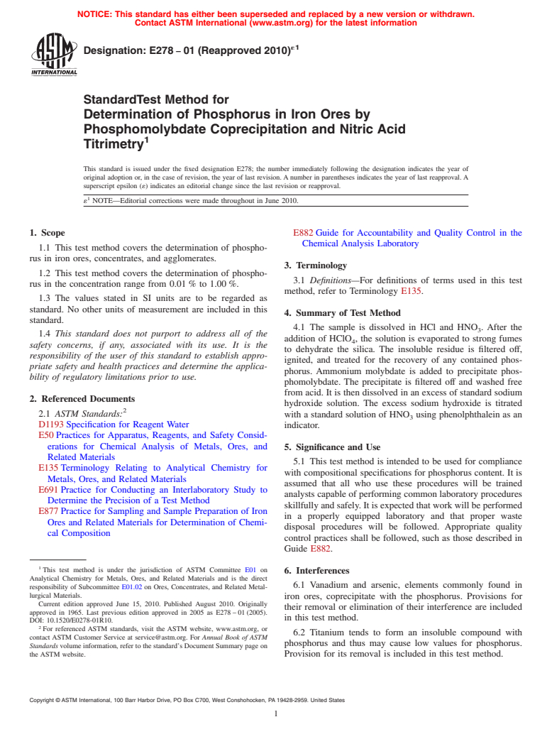 ASTM E278-01(2010)e1 - Standard Test Method for Determination of Phosphorus in Iron Ores by Phosphomolybdate Coprecipitation and Nitric Acid Titrimetry