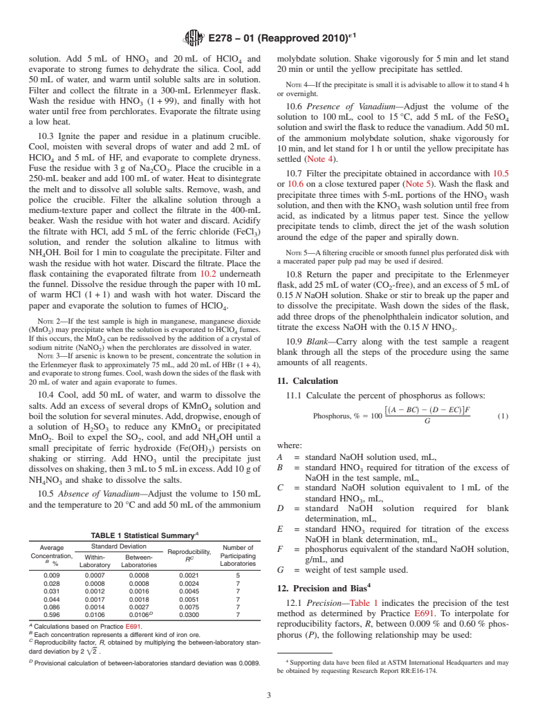 ASTM E278-01(2010)e1 - Standard Test Method for Determination of Phosphorus in Iron Ores by Phosphomolybdate Coprecipitation and Nitric Acid Titrimetry