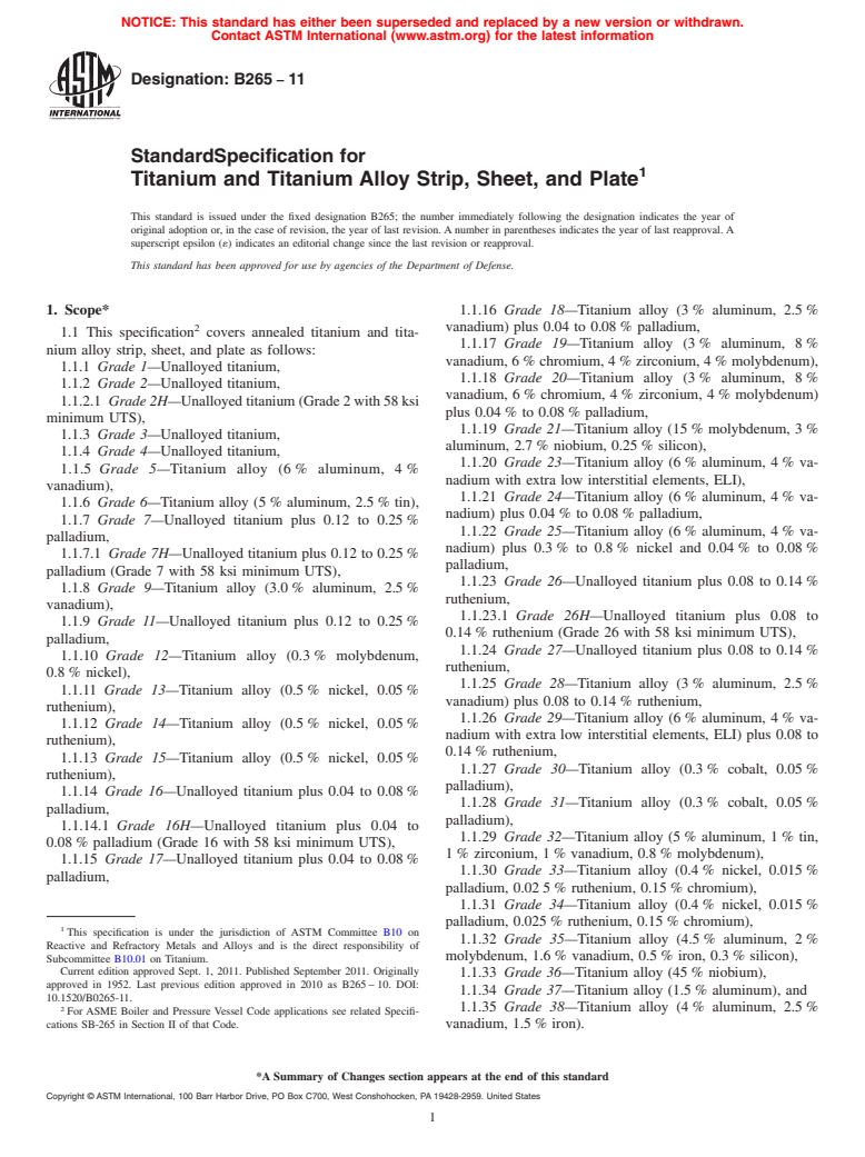 ASTM B265-11 - Standard Specification for  Titanium and Titanium Alloy Strip, Sheet, and Plate