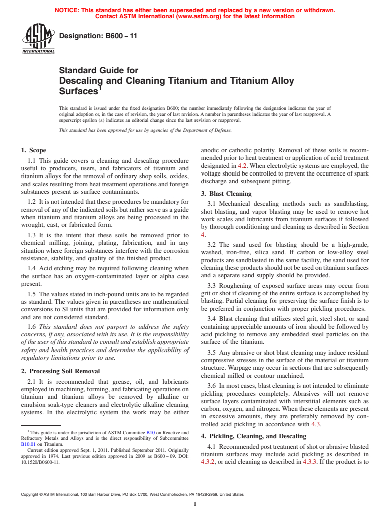 ASTM B600-11 - Standard Guide for  Descaling and Cleaning Titanium and Titanium Alloy Surfaces