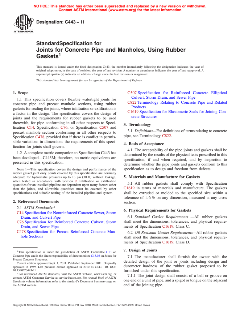 ASTM C443-11 - Standard Specification for  Joints for Concrete Pipe and Manholes, Using Rubber Gaskets