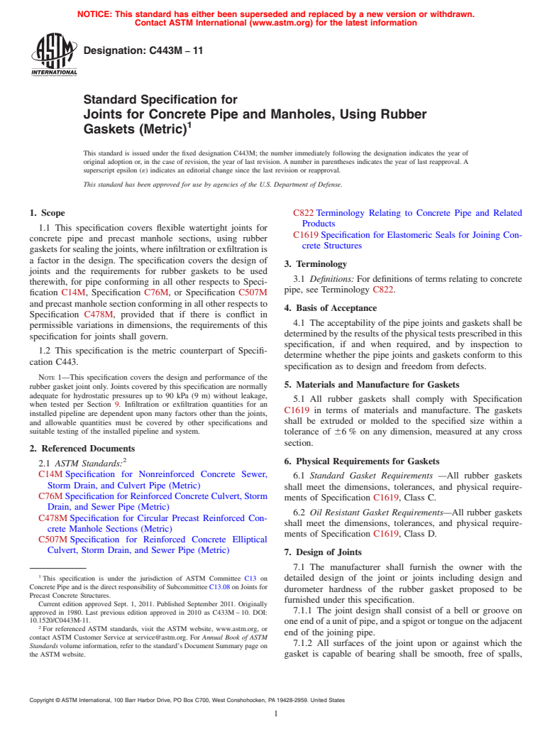 ASTM C443M-11 - Standard Specification for  Joints for Concrete Pipe and Manholes, Using Rubber Gaskets (Metric)