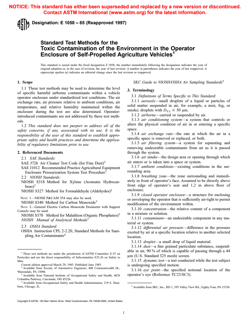 ASTM E1058-85(1997) - Standard Test Methods for the Toxic Contamination of the Environment in the Operator Enclosure of Self-Propelled Agriculture Vehicles