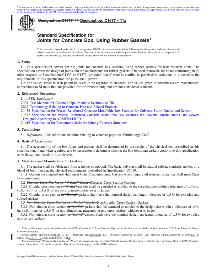 REDLINE ASTM C1677-11a - Standard Specification for Joints for Concrete Box, Using Rubber Gaskets