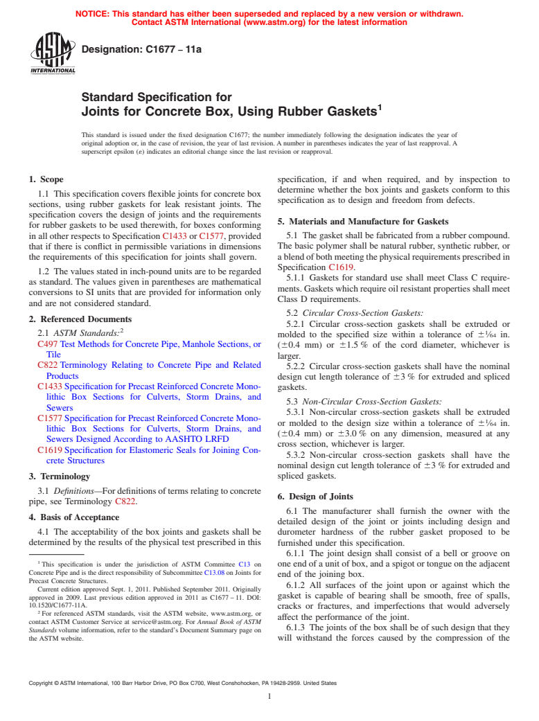 ASTM C1677-11a - Standard Specification for Joints for Concrete Box, Using Rubber Gaskets