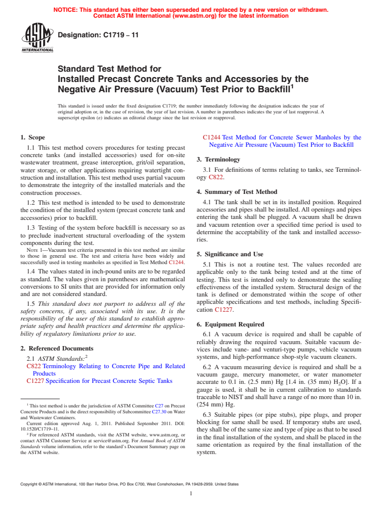 ASTM C1719-11 - Standard Test Method for Installed Precast Concrete Tanks and Accessories by the Negative Air Pressure (Vacuum) Test Prior to Backfill