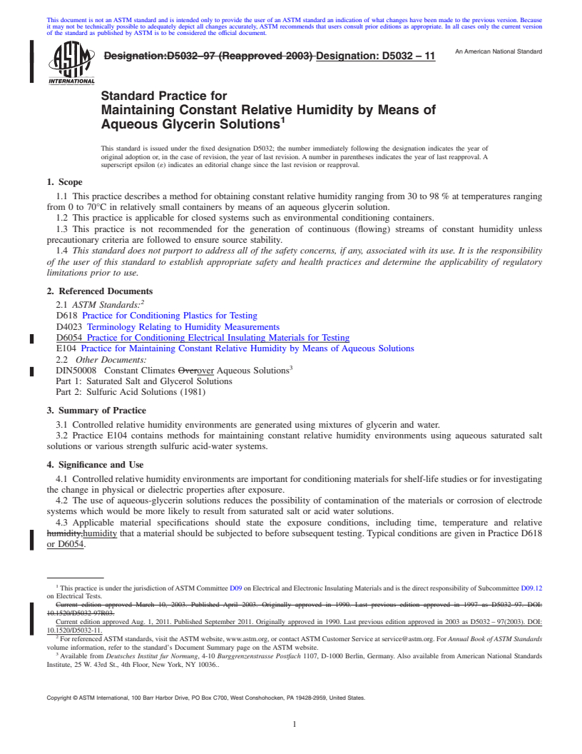 REDLINE ASTM D5032-11 - Standard Practice for Maintaining Constant Relative Humidity by Means of Aqueous Glycerin Solutions