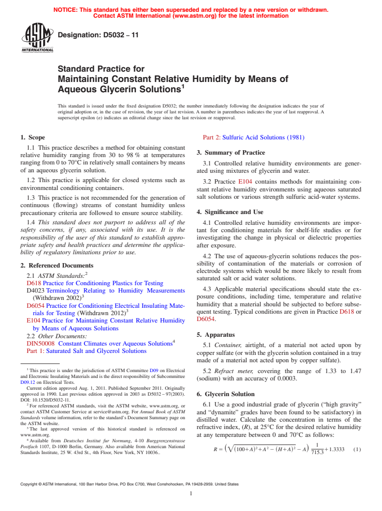 ASTM D5032-11 - Standard Practice for Maintaining Constant Relative Humidity by Means of Aqueous Glycerin Solutions