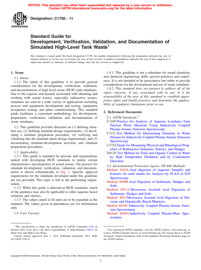 ASTM C1750-11 - Standard Guide for Development, Verification, Validation, and Documentation of Simulated High-Level Tank Waste