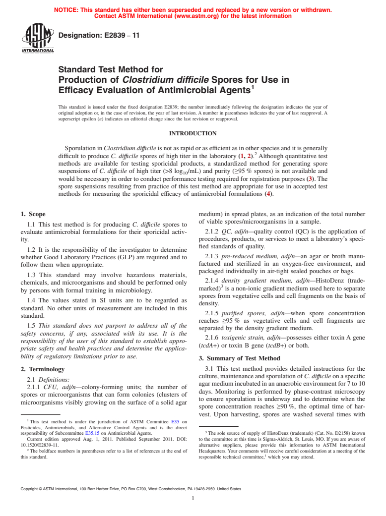 ASTM E2839-11 - Standard Test Method for Production of <i>Clostridium difficile</i> Spores for Use in Efficacy Evaluation of Antimicrobial Agents