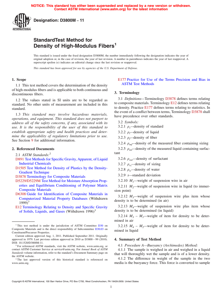 ASTM D3800M-11 - Standard Test Method for Density of High-Modulus Fibers