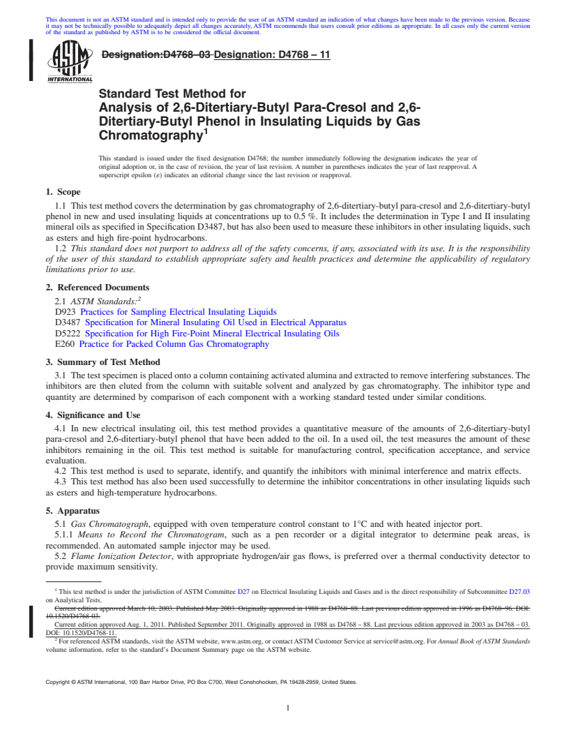 REDLINE ASTM D4768-11 - Standard Test Method for  Analysis of 2,6-Ditertiary-Butyl Para-Cresol and 2,6-Ditertiary-Butyl Phenol in Insulating Liquids by Gas Chromatography