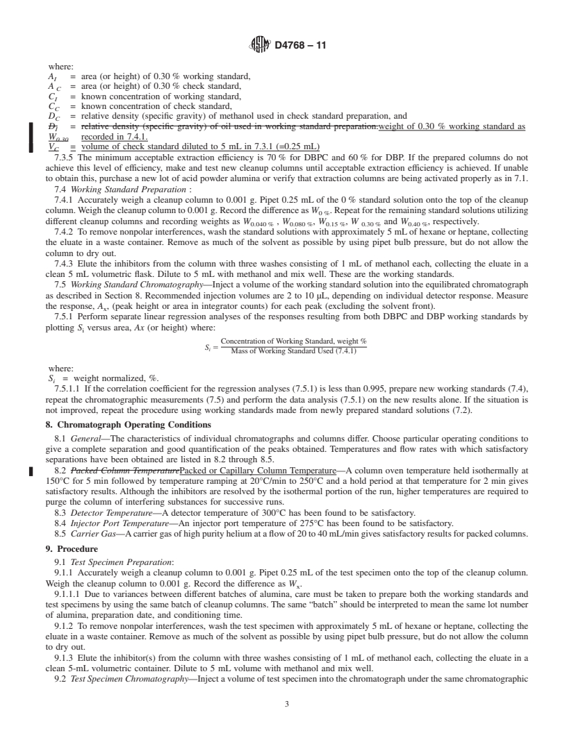 REDLINE ASTM D4768-11 - Standard Test Method for  Analysis of 2,6-Ditertiary-Butyl Para-Cresol and 2,6-Ditertiary-Butyl Phenol in Insulating Liquids by Gas Chromatography