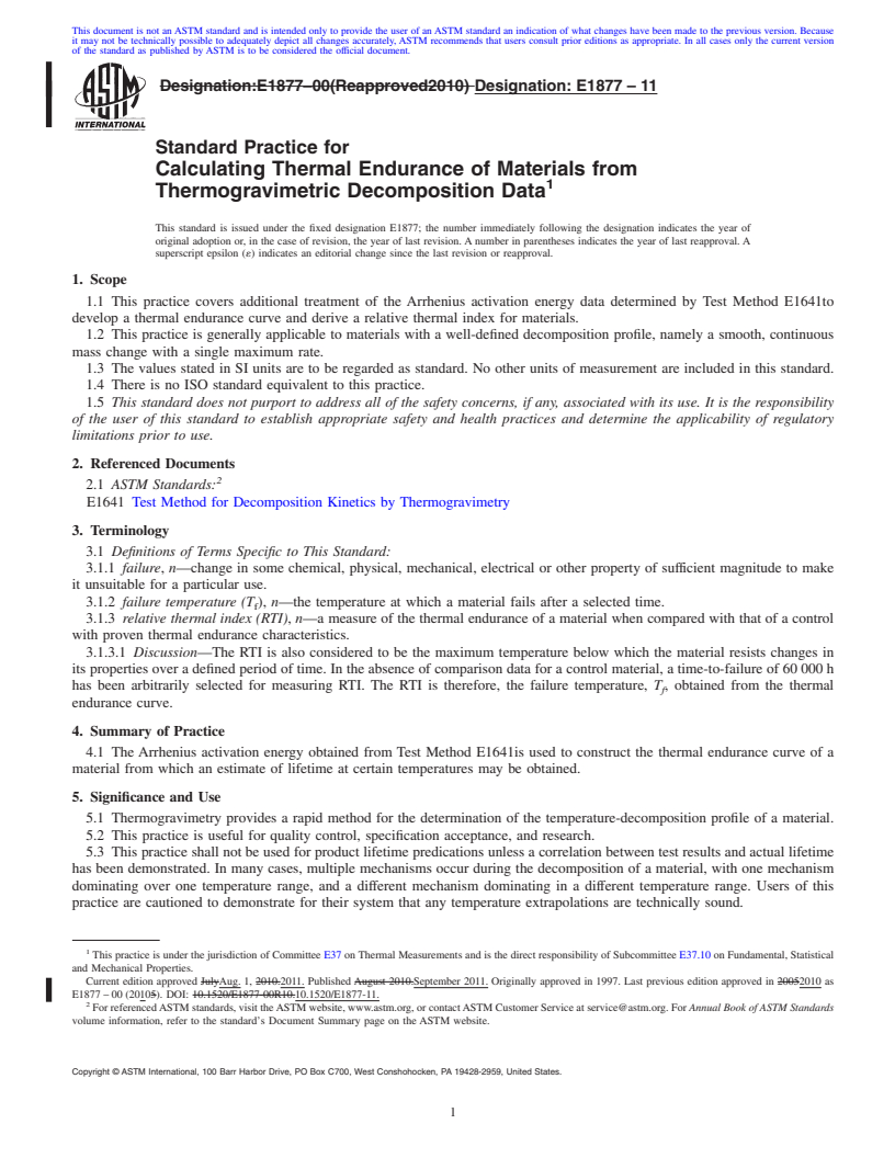 REDLINE ASTM E1877-11 - Standard Practice for Calculating Thermal Endurance of Materials from Thermogravimetric  Decomposition Data