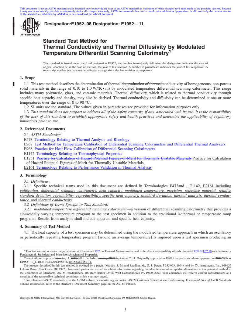 REDLINE ASTM E1952-11 - Standard Test Method for Thermal Conductivity and Thermal Diffusivity by Modulated Temperature Differential Scanning Calorimetry