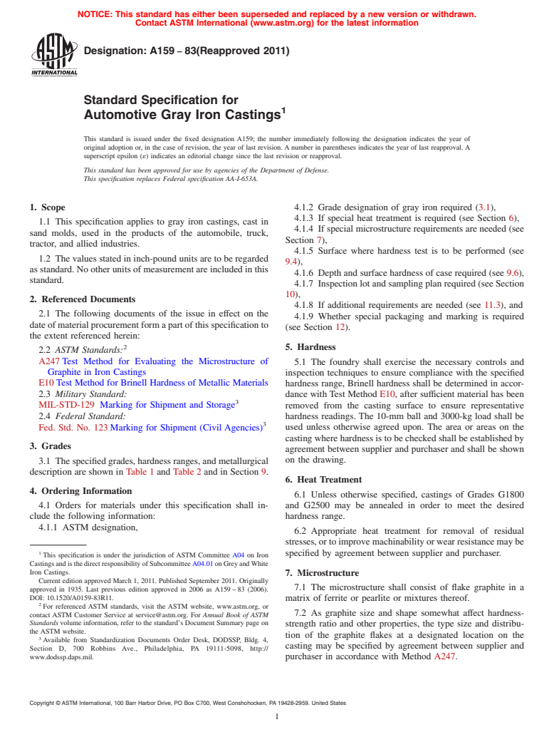 ASTM A159-83(2011) - Standard Specification for Automotive Gray Iron Castings