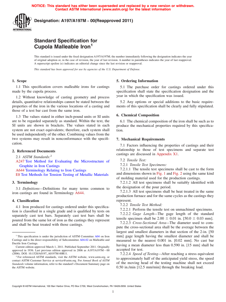 ASTM A197/A197M-00(2011) - Standard Specification for Cupola Malleable Iron