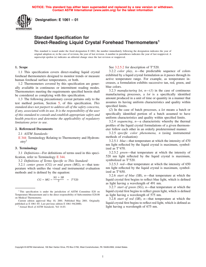 ASTM E1061-01 - Standard Specification for Direct-Reading Liquid Crystal Forehead Thermometers