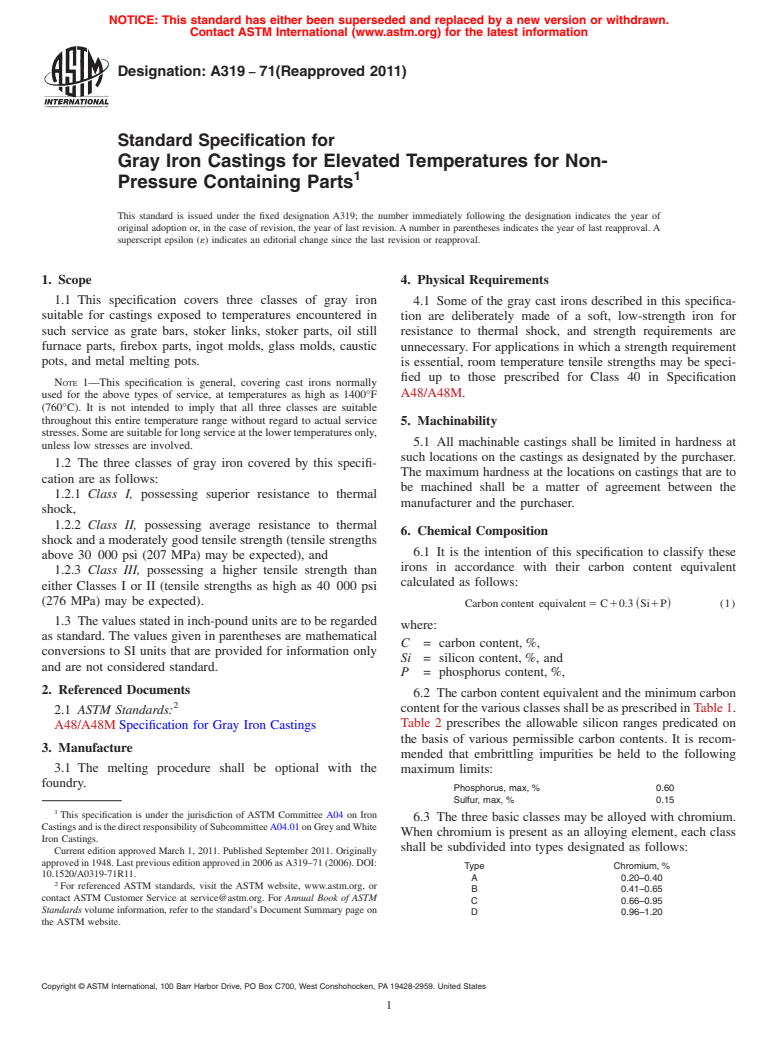 ASTM A319-71(2011) - Standard Specification for  Gray Iron Castings for Elevated Temperatures for Non-Pressure Containing Parts