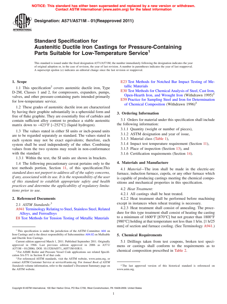 ASTM A571/A571M-01(2011) - Standard Specification for  Austenitic Ductile Iron Castings for Pressure-Containing Parts Suitable for Low-Temperature Service