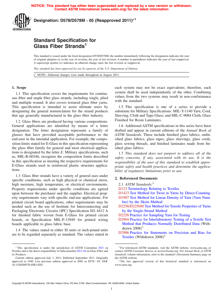 ASTM D578/D578M-05(2011)e1 - Standard Specification for Glass Fiber Strands