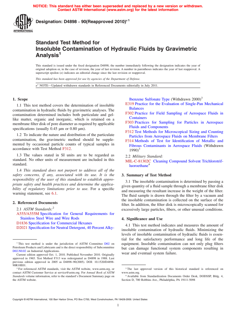 ASTM D4898-90(2010)e1 - Standard Test Method for Insoluble Contamination of Hydraulic Fluids by Gravimetric Analysis