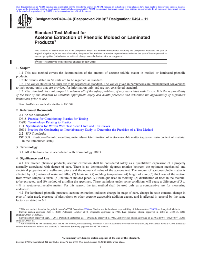 REDLINE ASTM D494-11 - Standard Test Method for Acetone Extraction of Phenolic Molded or Laminated Products