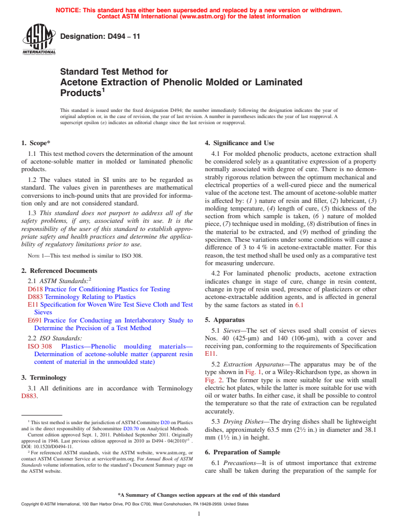 ASTM D494-11 - Standard Test Method for Acetone Extraction of Phenolic Molded or Laminated Products