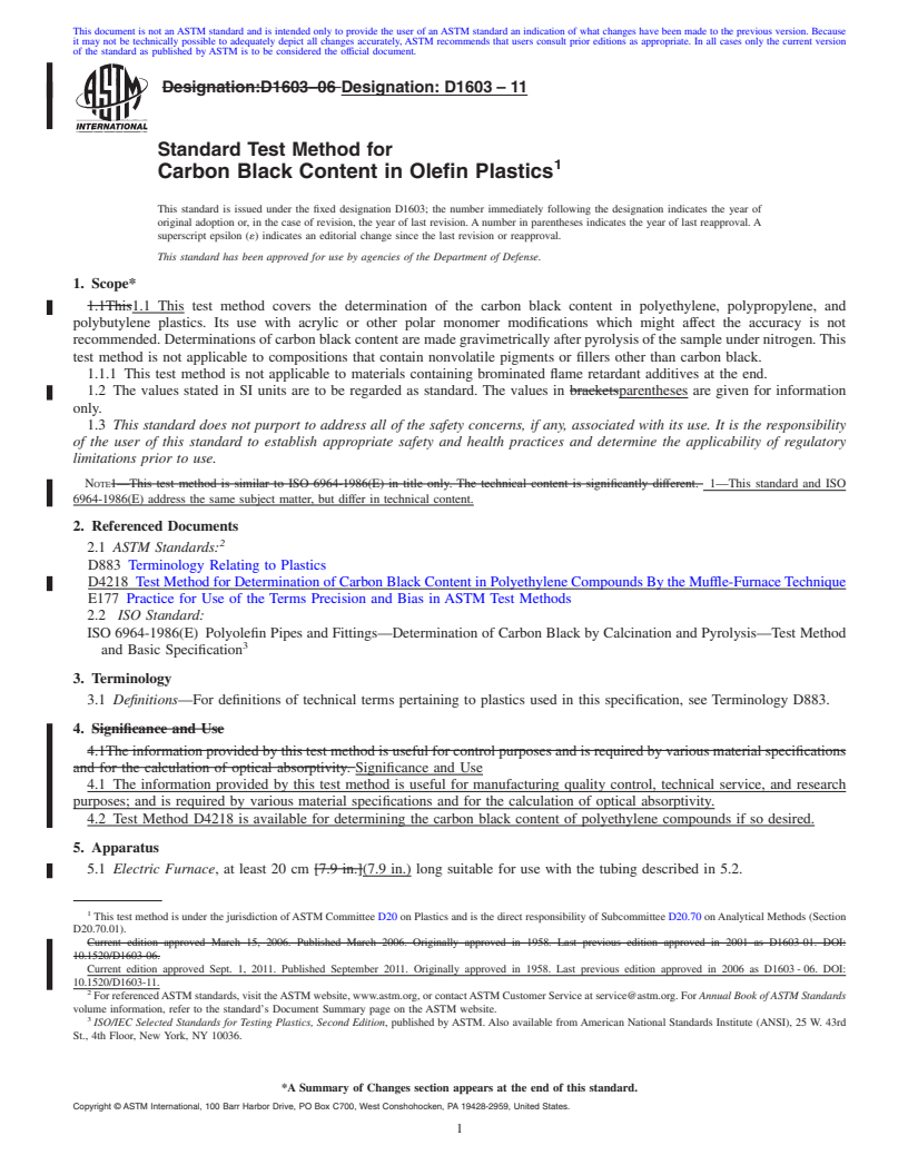 REDLINE ASTM D1603-11 - Standard Test Method for  Carbon Black Content in Olefin Plastics