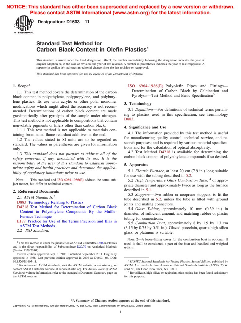 ASTM D1603-11 - Standard Test Method for  Carbon Black Content in Olefin Plastics