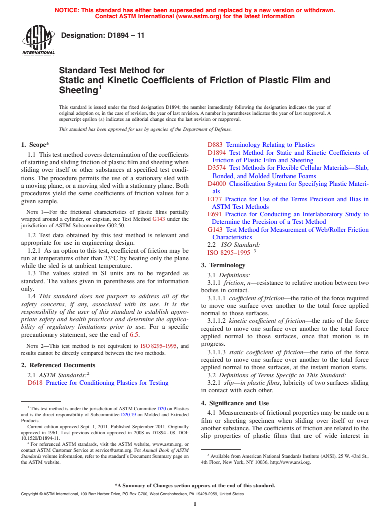 ASTM D1894-11 - Standard Test Method for  Static and Kinetic Coefficients of Friction of Plastic Film and Sheeting