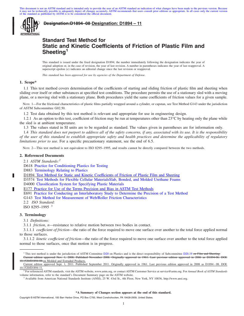 REDLINE ASTM D1894-11 - Standard Test Method for  Static and Kinetic Coefficients of Friction of Plastic Film and Sheeting