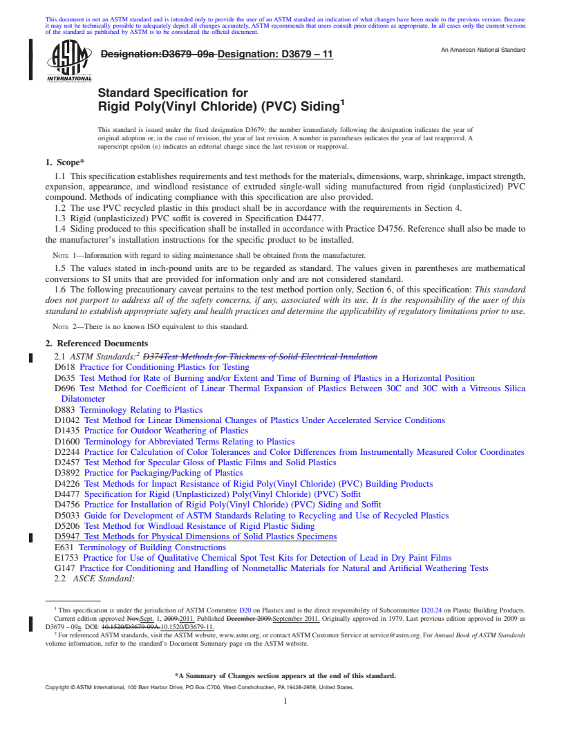 REDLINE ASTM D3679-11 - Standard Specification for  Rigid Poly(Vinyl Chloride) (PVC) Siding