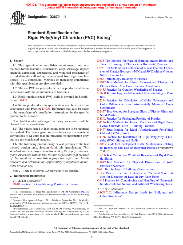 ASTM D3679-11 - Standard Specification for  Rigid Poly(Vinyl Chloride) (PVC) Siding