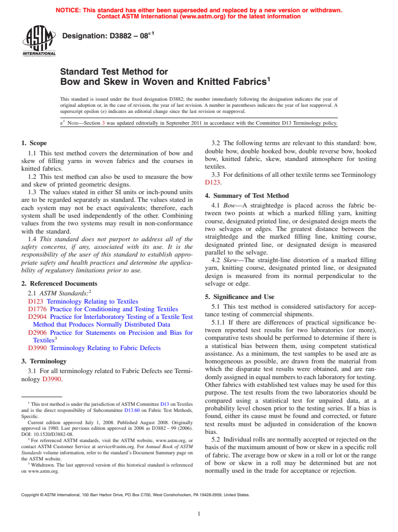 ASTM D3882-08e1 - Standard Test Method for  Bow and Skew in Woven and Knitted Fabrics