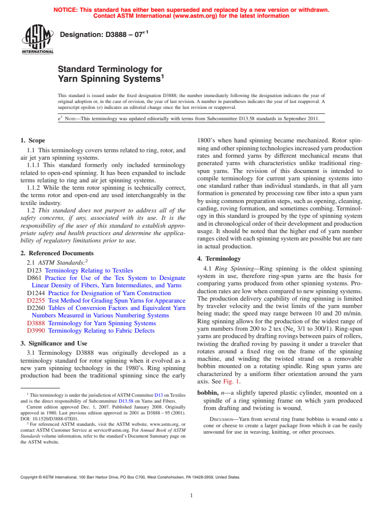 ASTM D3888-07e1 - Standard Terminology for Yarn Spinning Systems