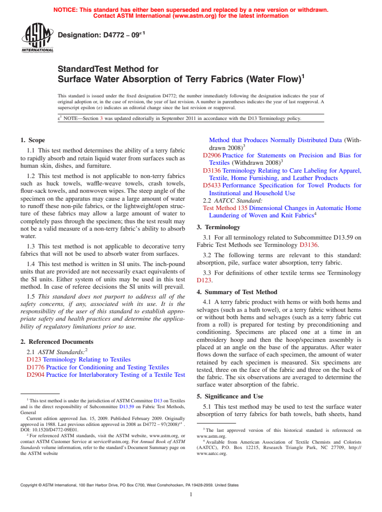ASTM D4772-09e1 - Standard Test Method for Surface Water Absorption of Terry Fabrics (Water Flow)