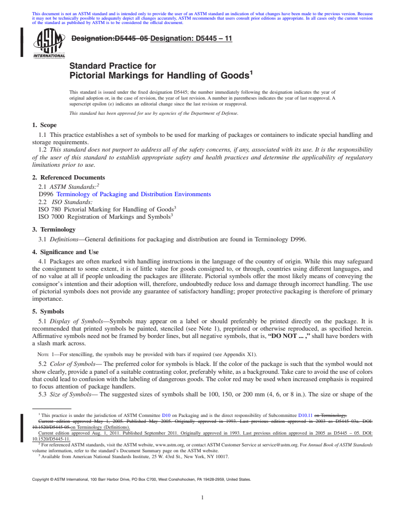 REDLINE ASTM D5445-11 - Standard Practice for Pictorial Markings for Handling of Goods