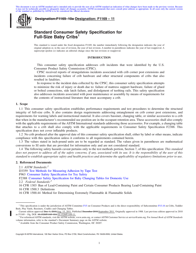 REDLINE ASTM F1169-11 - Standard Consumer Safety Specification for Full-Size Baby Cribs