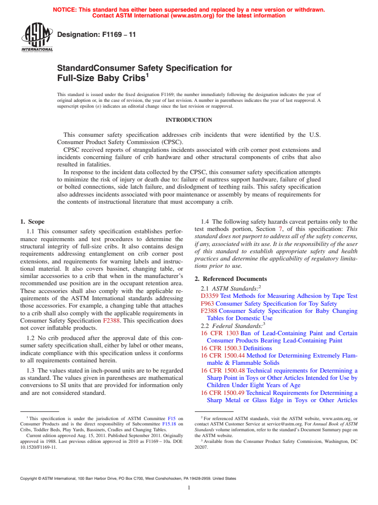 ASTM F1169-11 - Standard Consumer Safety Specification for Full-Size Baby Cribs