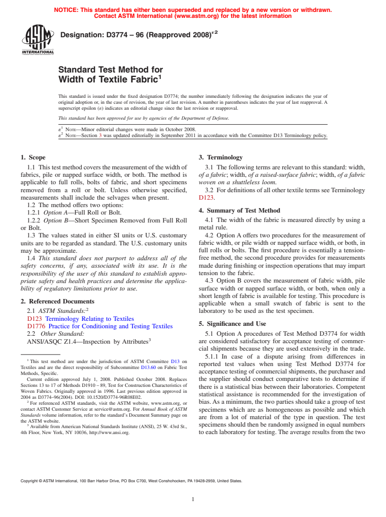 ASTM D3774-96(2008)e2 - Standard Test Method for  Width of Textile Fabric