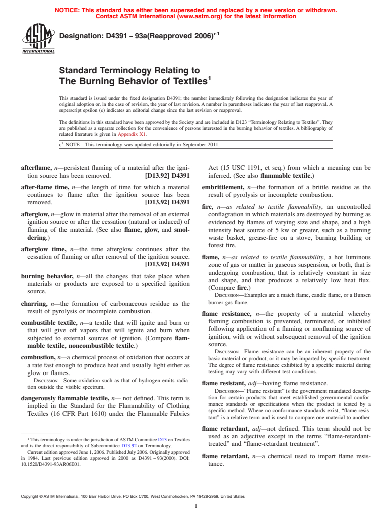 ASTM D4391-93a(2006)e1 - Standard Terminology Relating to  The Burning Behavior of Textiles