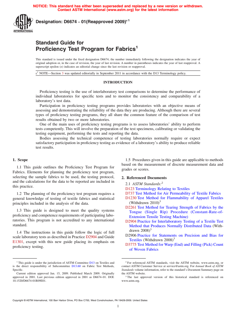 ASTM D6674-01(2009)e1 - Standard Guide for Proficiency Test Program for Fabrics